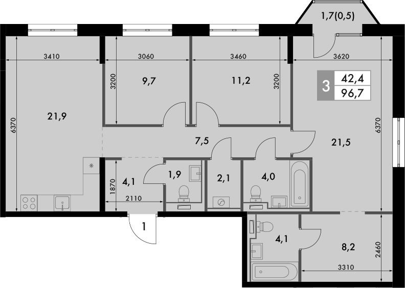 Планировка — Фриссон, 3-комн., 96 м²