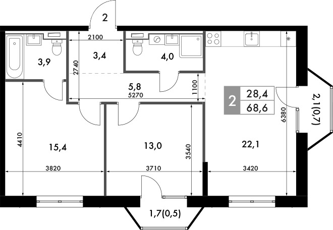 Планировка — Фриссон, 2-комн., 67 м²