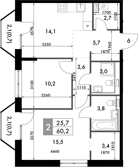 Планировка — Фриссон, 2-комн., 61 м²
