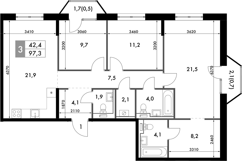 Планировка — Фриссон, 3-комн., 96 м²