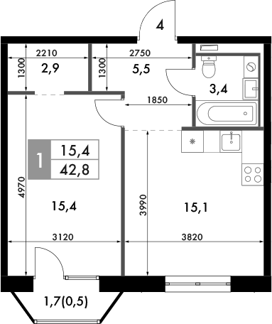 Планировка — Фриссон, 1-комн., 42 м²
