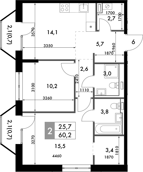 Планировка — Фриссон, 2-комн., 61 м²