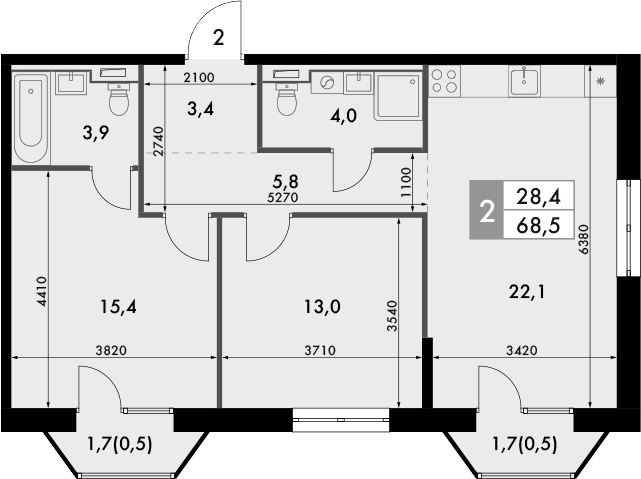 Планировка — Фриссон, 2-комн., 68 м²