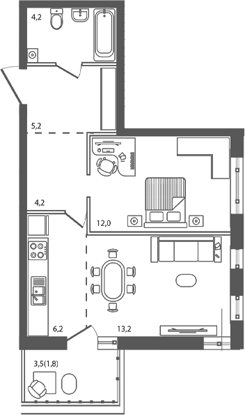Планировка — Сиреневый бульвар, 2-комн., 45 м²