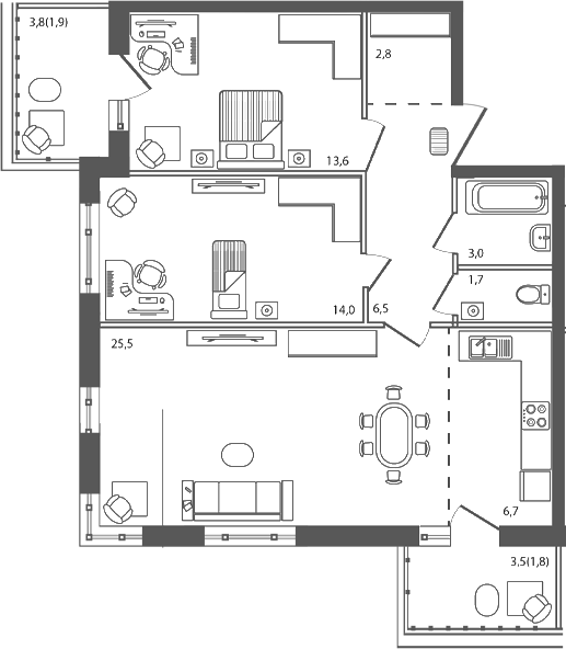 Планировка — Сиреневый бульвар, 3-комн., 74 м²