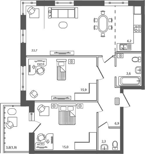 Планировка — Сиреневый бульвар, 3-комн., 73 м²