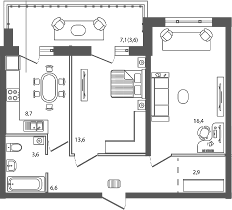 Планировка — Сиреневый бульвар, 2-комн., 54 м²