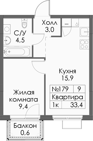 Планировка — Нокса парк, 1-комн., 33 м²