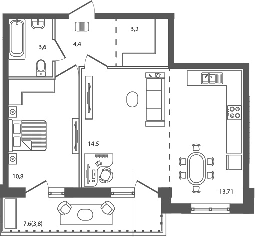 Планировка — Сиреневый бульвар, 2-комн., 50 м²