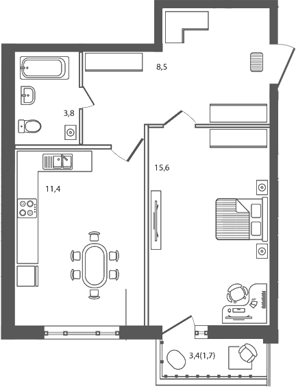 Планировка — Сиреневый бульвар, 1-комн., 39 м²