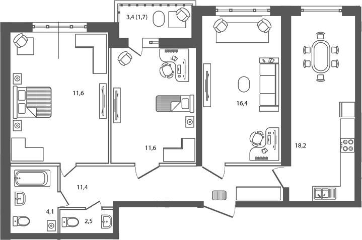 Планировка — Сиреневый бульвар, 3-комн., 76 м²