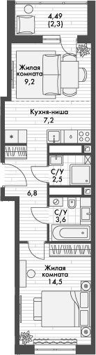 Планировка — Форест, 2-комн., 44 м²