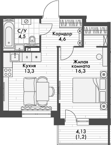 Планировка — Форест, 1-комн., 39 м²