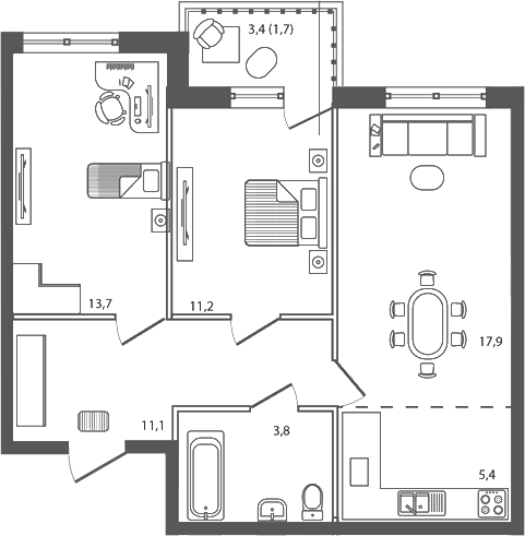 Планировка — Сиреневый бульвар, 3-комн., 63 м²