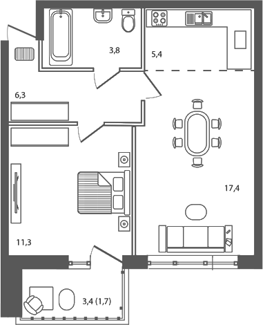 Планировка — Сиреневый бульвар, 2-комн., 44 м²