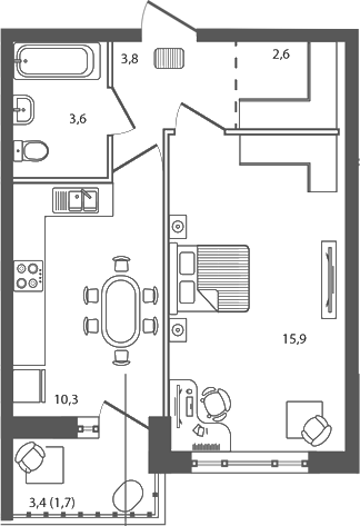 Планировка — Сиреневый бульвар, 1-комн., 36 м²