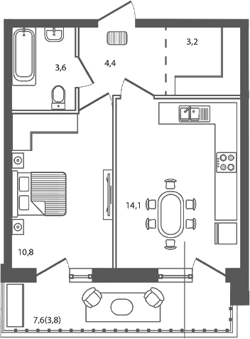 Планировка — Сиреневый бульвар, 1-комн., 36 м²