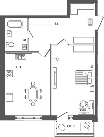 Планировка — Сиреневый бульвар, 1-комн., 39 м²