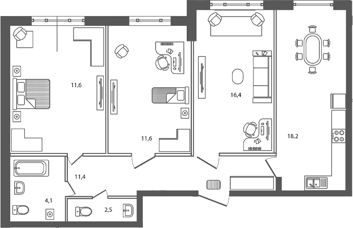 Планировка — Сиреневый бульвар, 3-комн., 76 м²