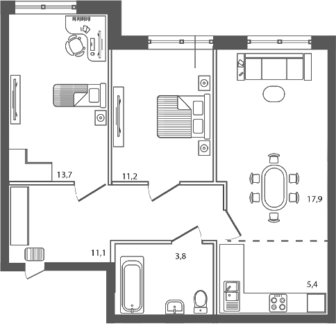 Планировка — Сиреневый бульвар, 3-комн., 63 м²