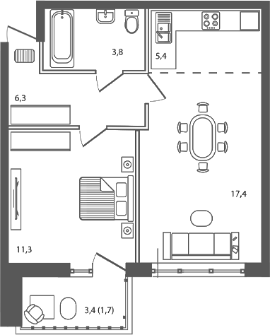 Планировка — Сиреневый бульвар, 2-комн., 44 м²