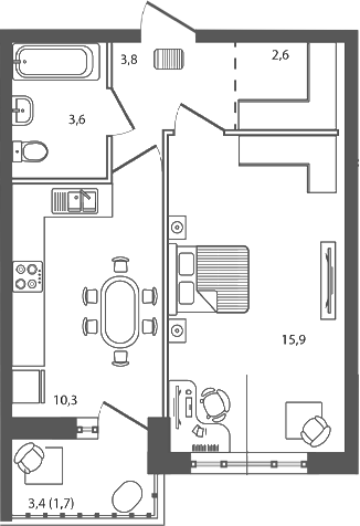 Планировка — Сиреневый бульвар, 1-комн., 36 м²