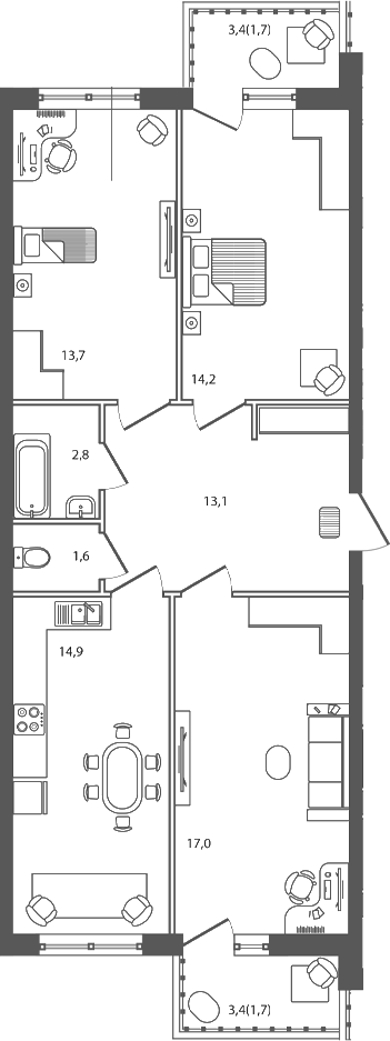 Планировка — Сиреневый бульвар, 3-комн., 78 м²