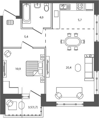 Планировка — Сиреневый бульвар, 2-комн., 46 м²