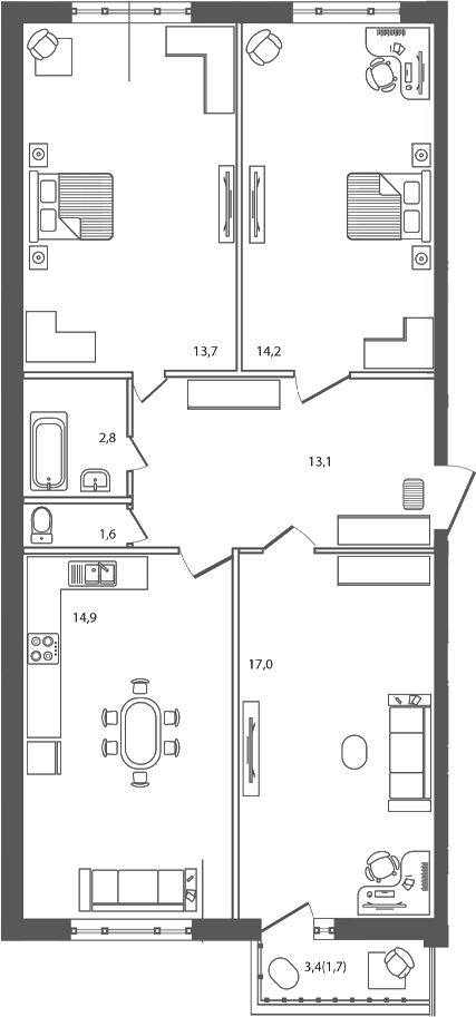 Планировка — Сиреневый бульвар, 3-комн., 77 м²