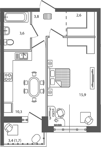 Планировка — Сиреневый бульвар, 1-комн., 36 м²