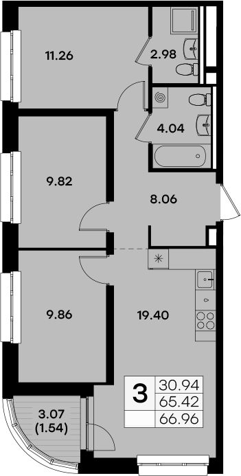 Планировка — Экосити Урбан-квартал, 3-комн., 65 м²