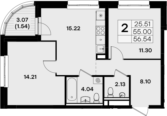 Планировка — Экосити Урбан-квартал, 2-комн., 55 м²