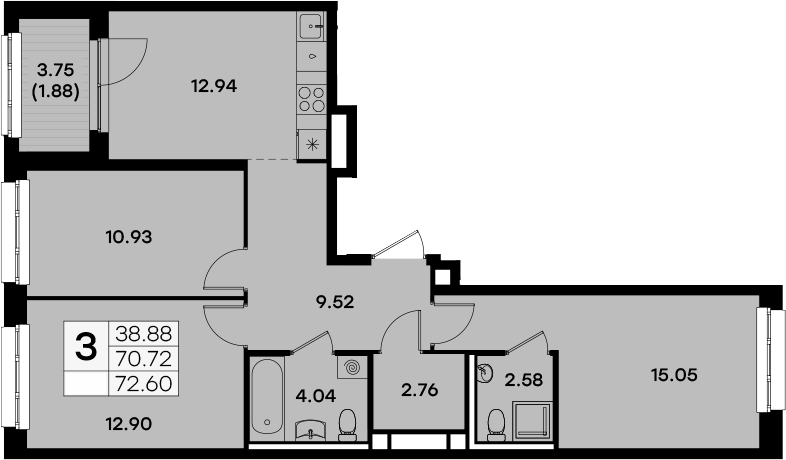 Планировка — Экосити Урбан-квартал, 3-комн., 71 м²