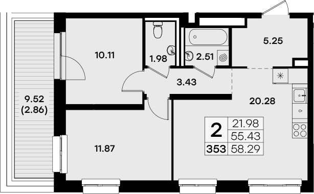 Планировка — Экосити Урбан-квартал, 2-комн., 55 м²