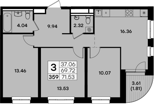 Планировка — Экосити Урбан-квартал, 3-комн., 70 м²