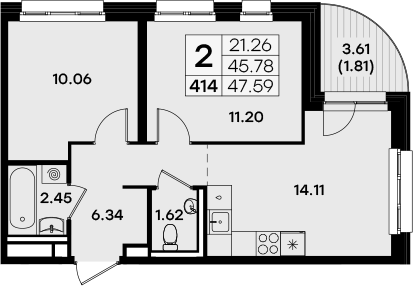 Планировка — Экосити Урбан-квартал, 2-комн., 46 м²