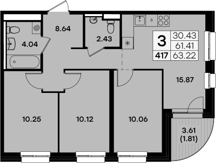 Планировка — Экосити Урбан-квартал, 3-комн., 61 м²