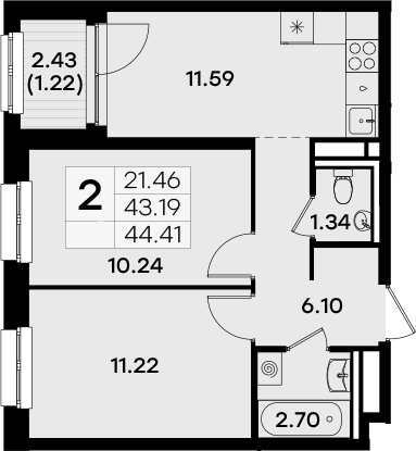 Планировка — Экосити Урбан-квартал, 2-комн., 43 м²