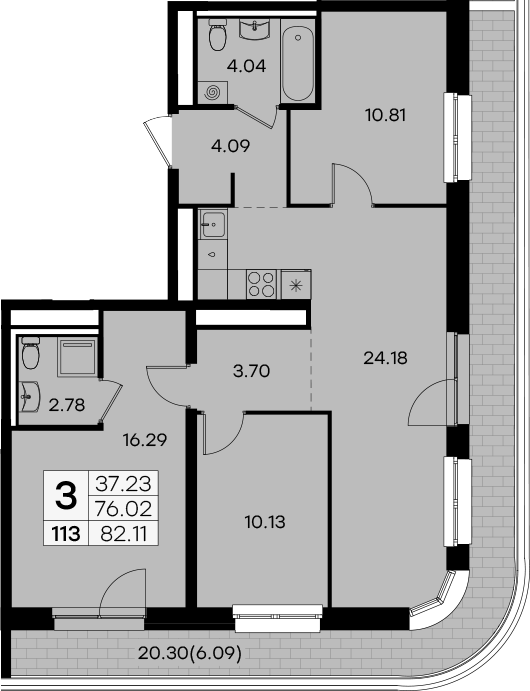 Планировка — Экосити Урбан-квартал, 3-комн., 76 м²