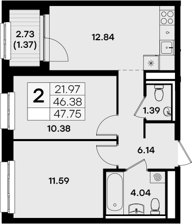 Планировка — Экосити Урбан-квартал, 2-комн., 46 м²