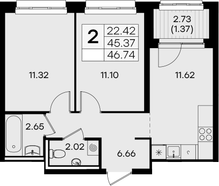 Планировка — Экосити Урбан-квартал, 2-комн., 45 м²