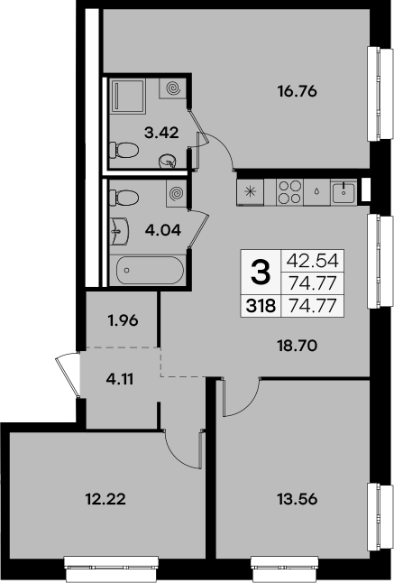 Планировка — Экосити Урбан-квартал, 3-комн., 75 м²