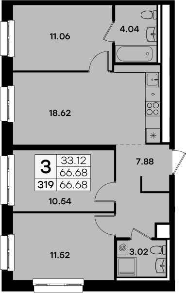 Планировка — Экосити Урбан-квартал, 3-комн., 67 м²