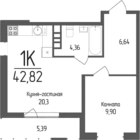 Планировка — Кумир, 1-комн., 41 м²