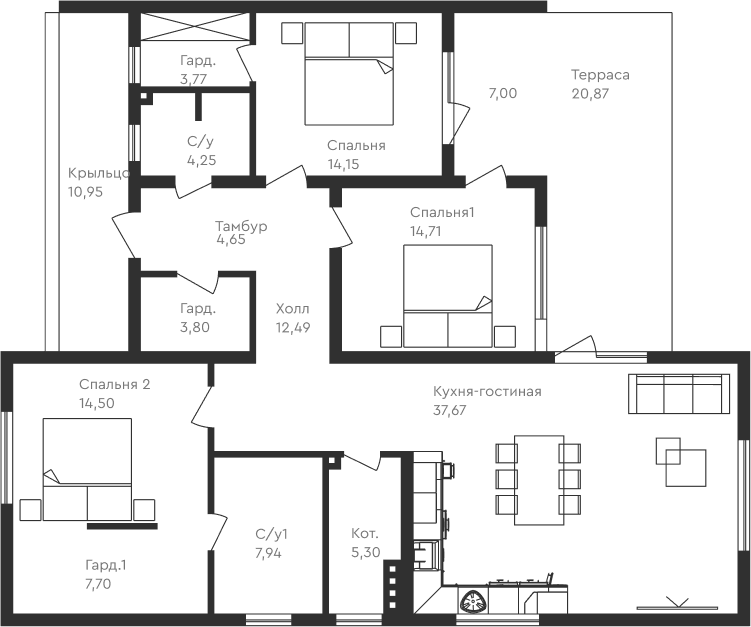 Планировка — Коттеджный поселок Ильинка, 3-комн., 141 м²