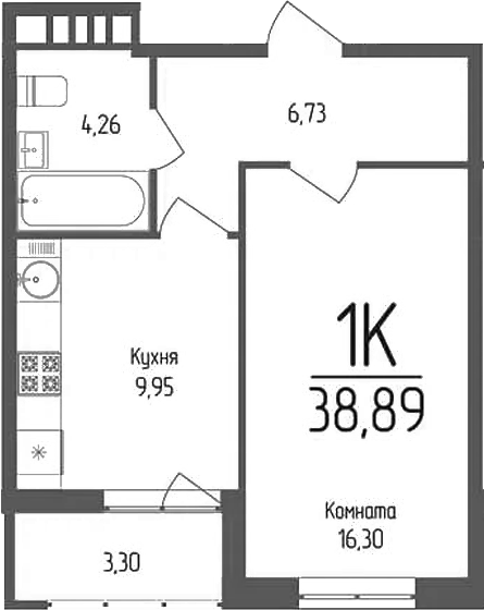 Планировка — Кумир, 1-комн., 37 м²