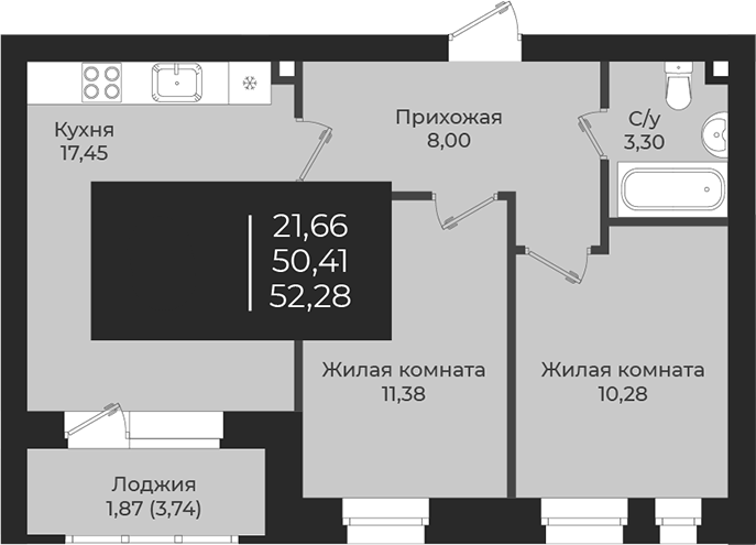 Планировка — Чехова, 2-комн., 50 м²