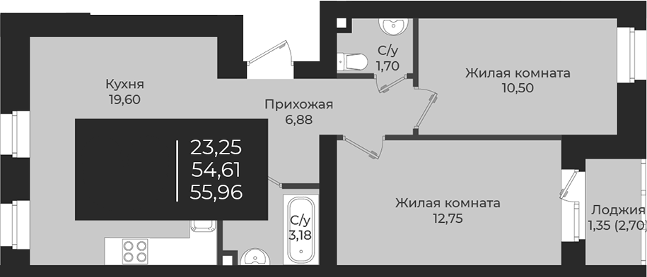 Планировка — Чехова, 2-комн., 55 м²