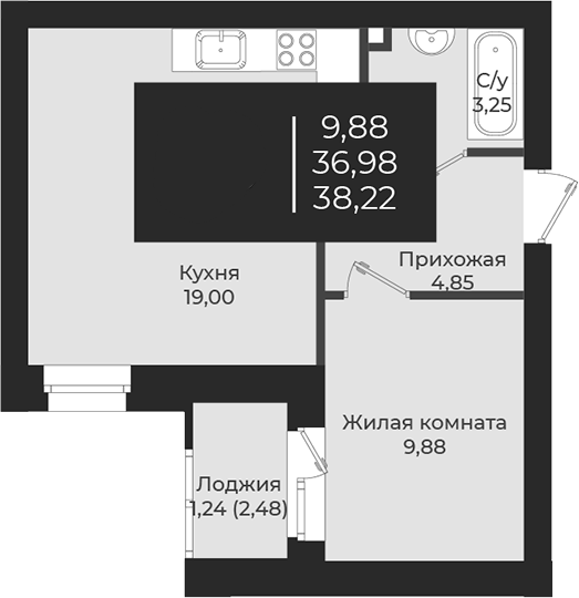 Планировка — Чехова, 1-комн., 37 м²