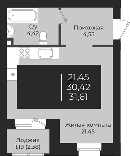 Планировка — Чехова, Студия, 30 м²